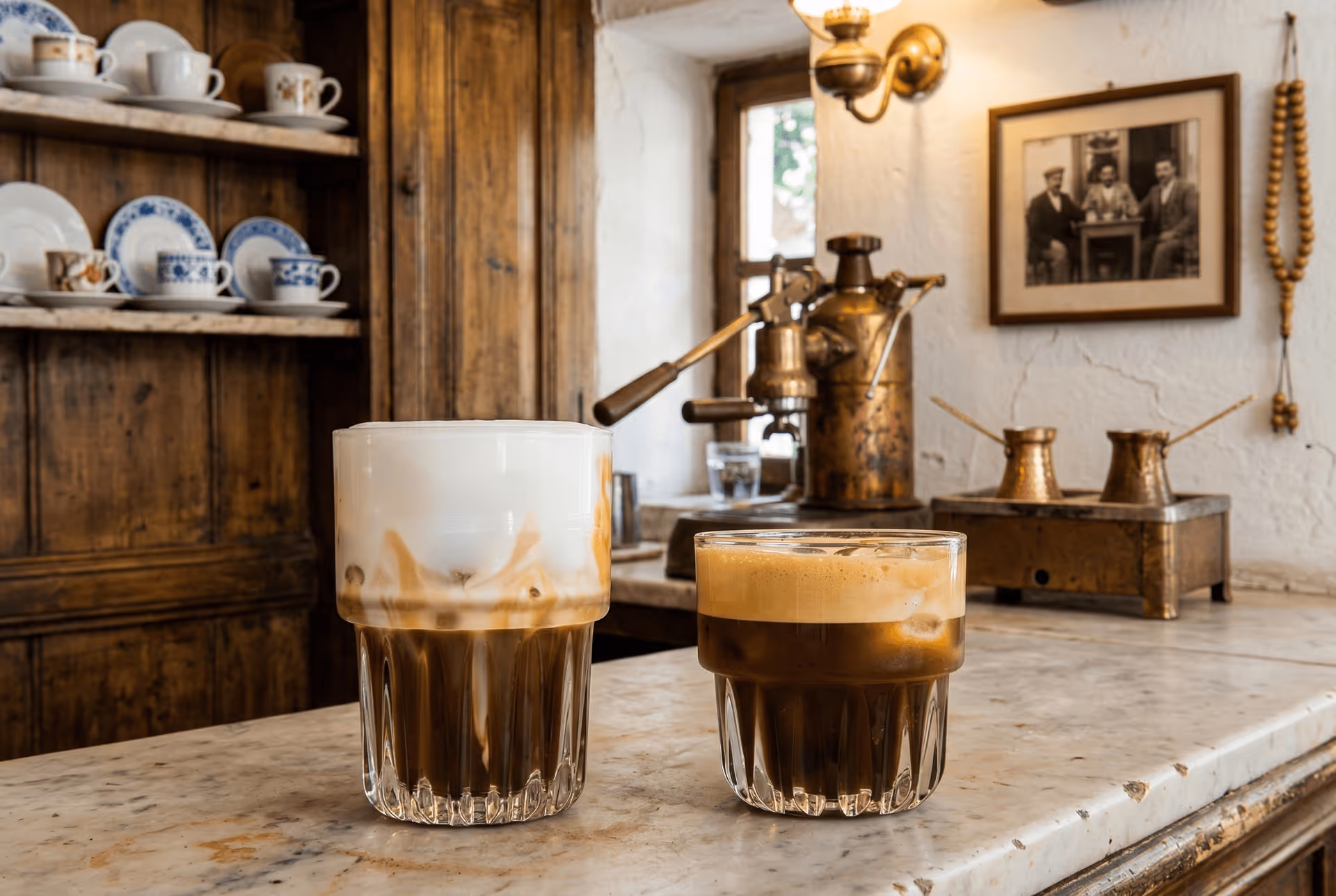 Freddo cappuccino (left) and freddo espresso (right) in a traditional Greek cafe with copper briki pots